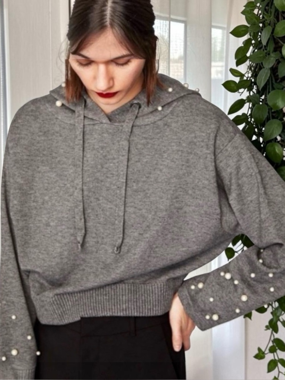 Zara Knit Size Large Soft Grey Pearl Embellished Hooded Sweater